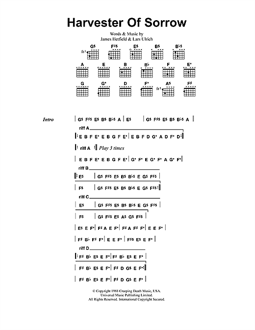 Learn to play Metallica Harvester Of Sorrow sheet music for Guitar Tab in minutes. Metallica Harvester Of Sorrow sheet music preview music notes and score for Guitar Tab including 8 page(s)