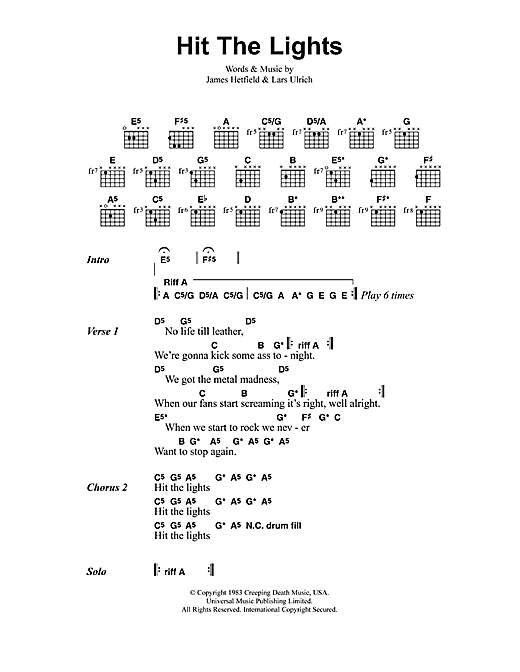 Metallica Hit The Lights sheet music preview music notes and score for Guitar Tab including 7 page(s)