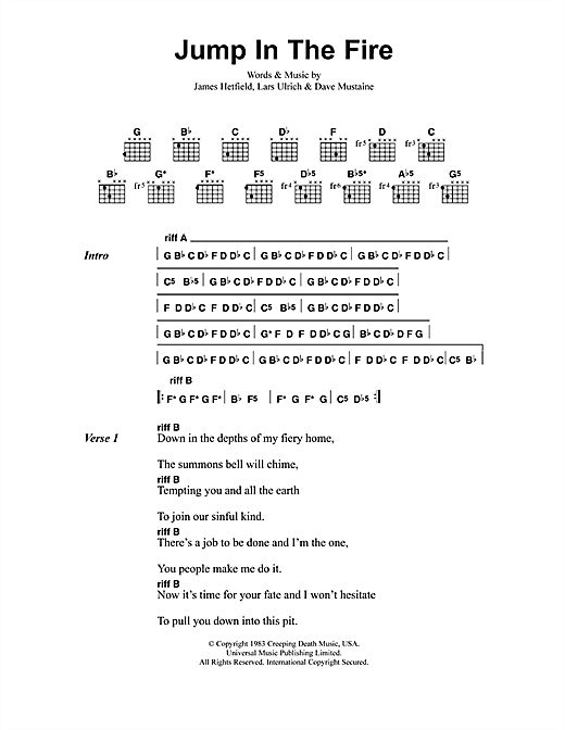Learn to play Metallica Jump In The Fire sheet music for Ukulele in minutes. Metallica Jump In The Fire sheet music preview music notes and score for Ukulele including 4 page(s)