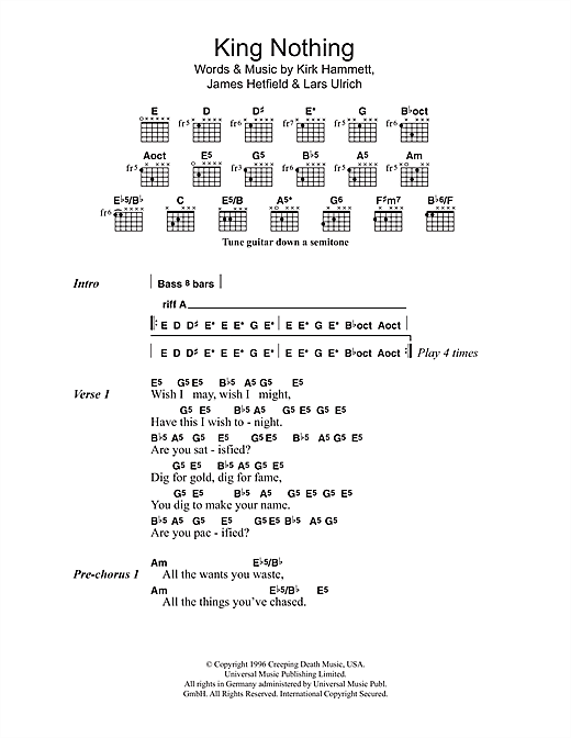 Learn to play Metallica King Nothing sheet music for Ukulele in minutes. Metallica King Nothing sheet music preview music notes and score for Ukulele including 4 page(s)