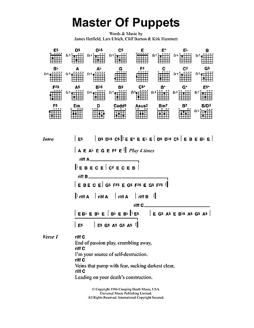 Learn to play Metallica Master Of Puppets sheet music for Ukulele in minutes. Metallica Master Of Puppets sheet music preview music notes and score for Ukulele including 8 page(s)