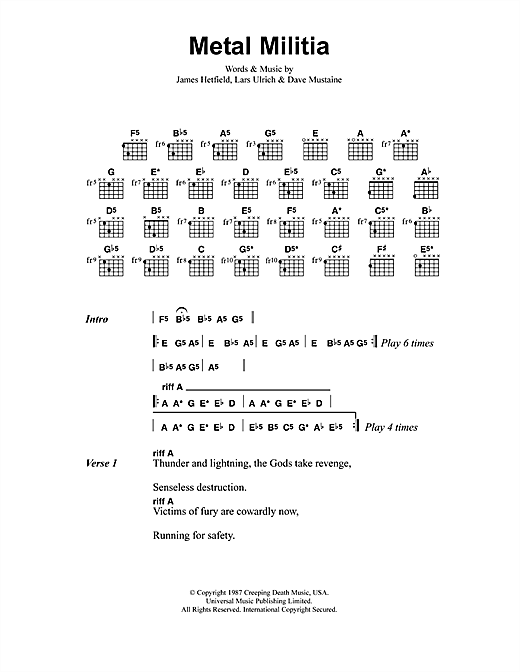 Learn to play Metallica Metal Militia sheet music for Guitar Tab in minutes. Metallica Metal Militia sheet music preview music notes and score for Guitar Tab including 4 page(s)