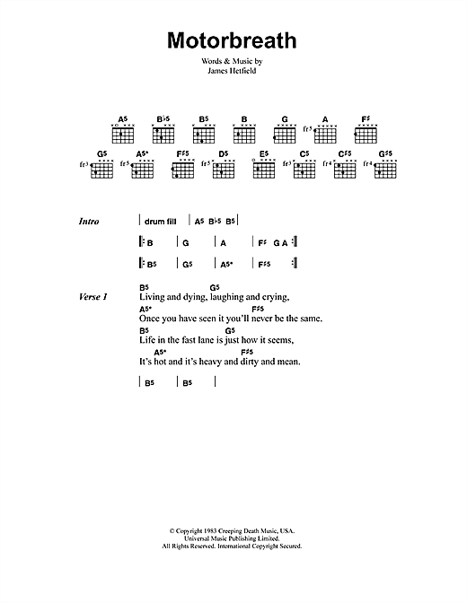 Metallica Motorbreath sheet music preview music notes and score for Guitar Tab including 4 page(s)