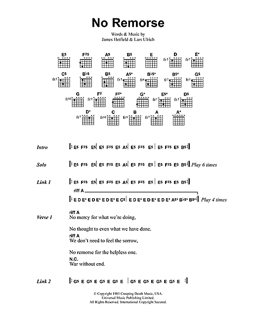 Metallica No Remorse sheet music preview music notes and score for Guitar Tab including 7 page(s)