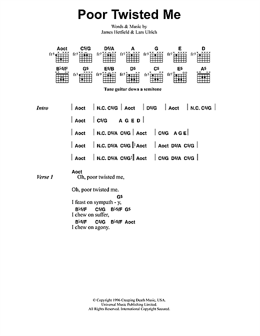 Learn to play Metallica Poor Twisted Me sheet music for Guitar Tab in minutes. Metallica Poor Twisted Me sheet music preview music notes and score for Guitar Tab including 10 page(s)