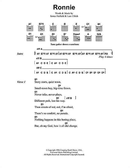 Metallica Ronnie sheet music preview music notes and score for Guitar Tab including 11 page(s)