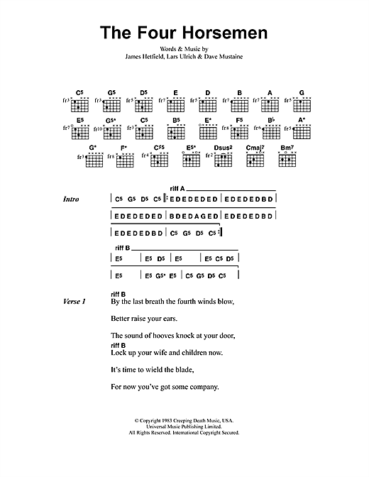 Learn to play Metallica The Four Horsemen sheet music for Guitar Tab in minutes. Metallica The Four Horsemen sheet music preview music notes and score for Guitar Tab including 8 page(s)