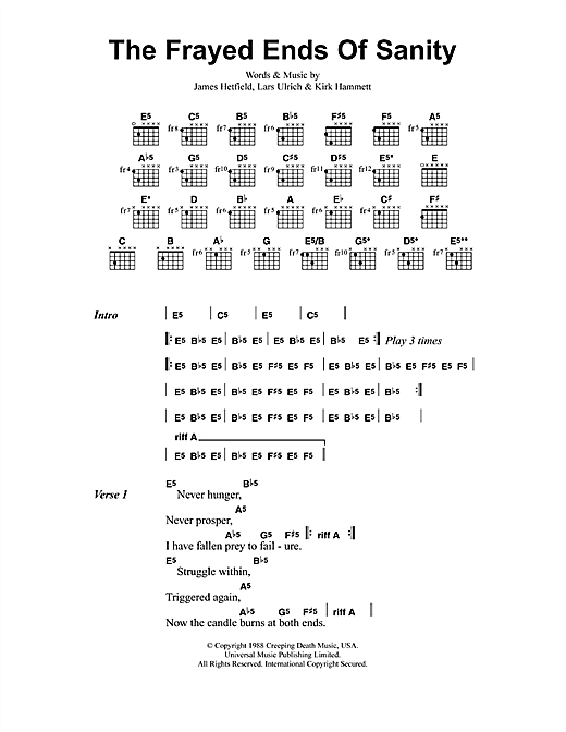 Learn to play Metallica The Frayed Ends Of Sanity sheet music for Guitar Tab in minutes. Metallica The Frayed Ends Of Sanity sheet music preview music notes and score for Guitar Tab including 11 page(s)