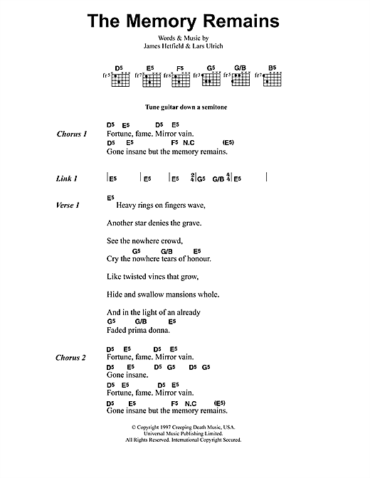 Learn to play Metallica The Memory Remains sheet music for Ukulele in minutes. Metallica The Memory Remains sheet music preview music notes and score for Ukulele including 6 page(s)