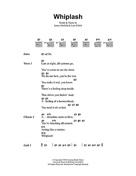 Metallica Whiplash sheet music preview music notes and score for Guitar Tab including 5 page(s)
