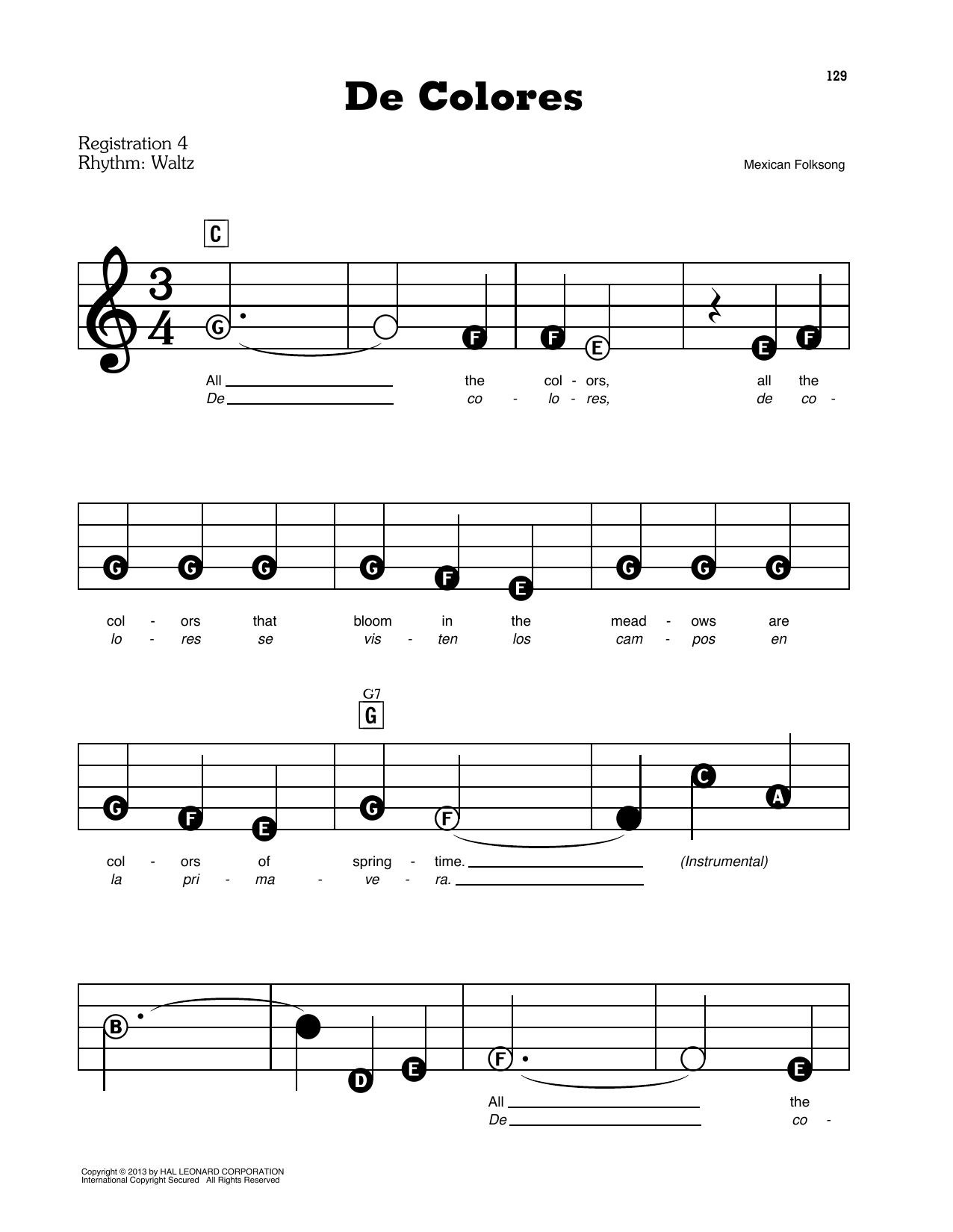 Learn to play Mexican Folk Song De Colores sheet music for Easy Piano in minutes. Mexican Folk Song De Colores sheet music preview music notes and score for Easy Piano including 3 page(s)
