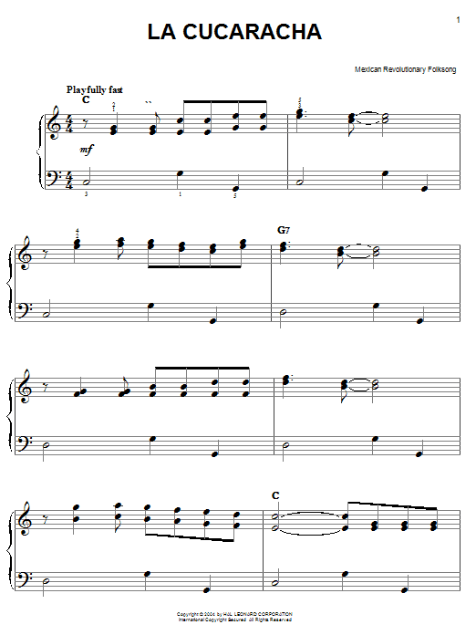 Learn to play Mexican Revolution Folksong La Cucaracha sheet music for Piano in minutes. Mexican Revolution Folksong La Cucaracha sheet music notes and chords