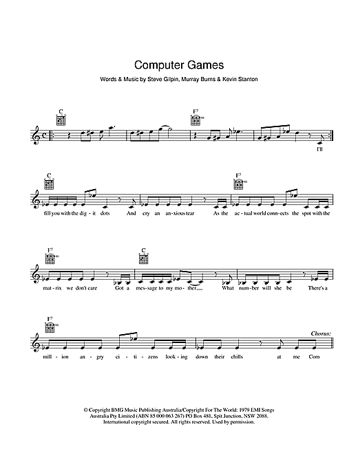 Learn to play Mi-Sex Computer Games sheet music for Melody Line, Lyrics & Chords in minutes. Mi-Sex Computer Games sheet music preview music notes and score for Melody Line, Lyrics & Chords including 2 page(s)