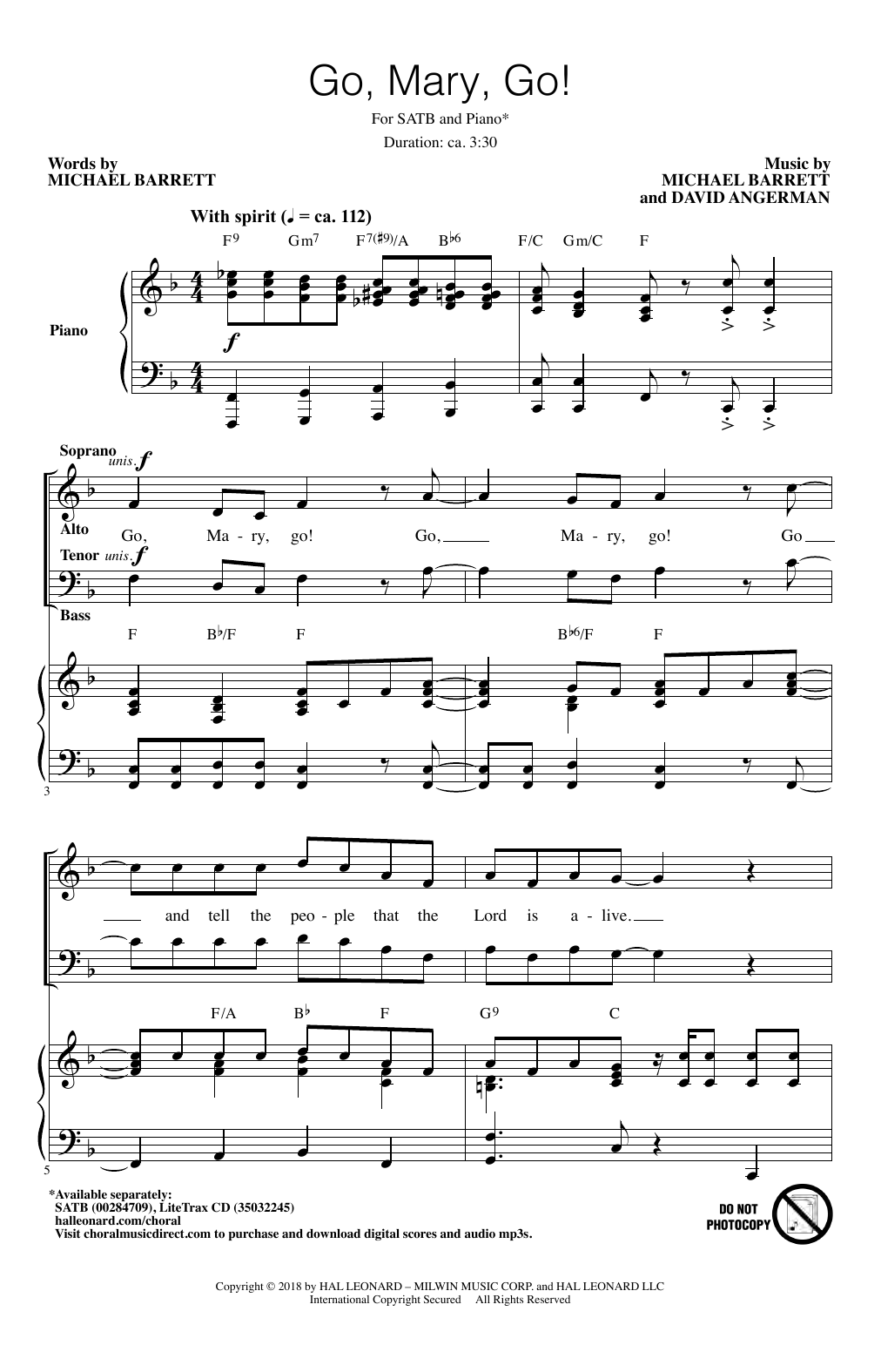 Michael Barrett & David Angerman Go, Mary, Go! sheet music, chords, lyrics - Printable PDF for SATB Choir