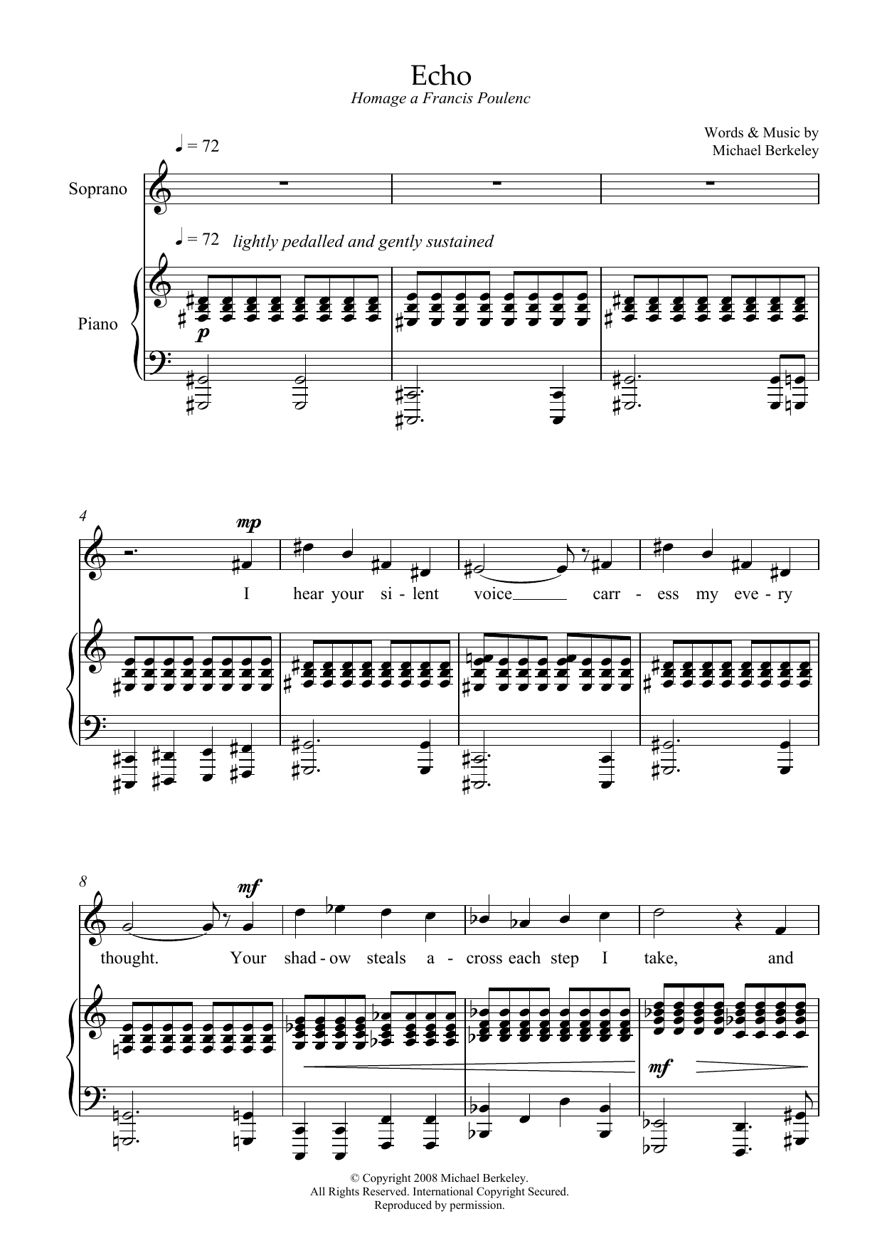 Michael Berkeley Echo: hommage a Francis Poulenc (for mezzo-soprano and piano) sheet music, chords, lyrics - Printable PDF for Piano & Vocal