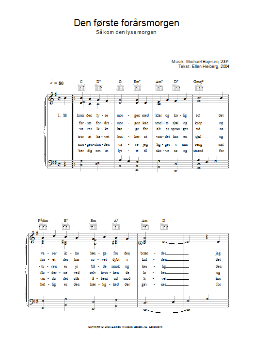 Michael Bojesen Den Første Forårsmorgenmorgen - Så Kom Den Lyse Morgen sheet music, chords, lyrics - Printable PDF for Piano, Vocal & Guitar (Right-Hand Melody)