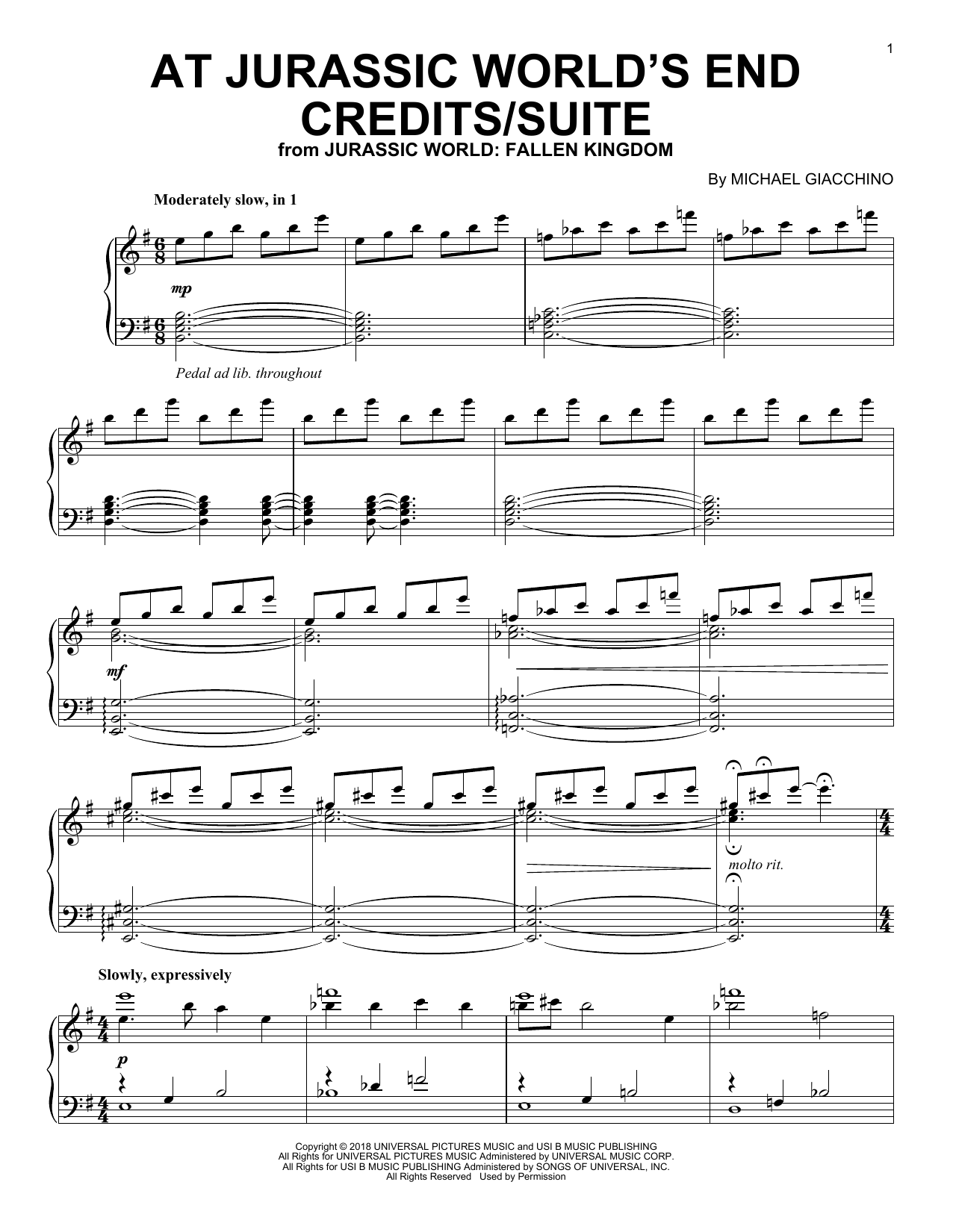 Michael Giacchino At Jurassic World's End Credits/Suite (from Jurassic World: Fallen Kingdom) sheet music, chords, lyrics - Printable PDF for Piano