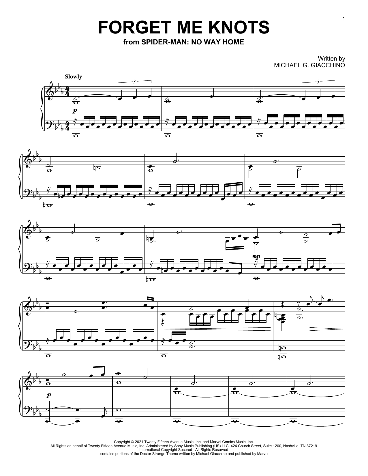 Michael Giacchino Forget Me Knots (from Spider-Man: No Way Home) sheet music, chords, lyrics - Printable PDF for Piano Solo