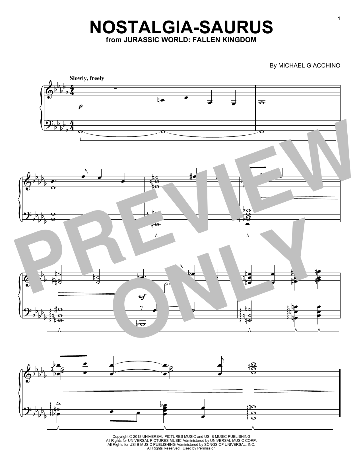 Michael Giacchino Nostalgia-Saurus (from Jurassic World: Fallen Kingdom) sheet music, chords, lyrics - Printable PDF for Piano