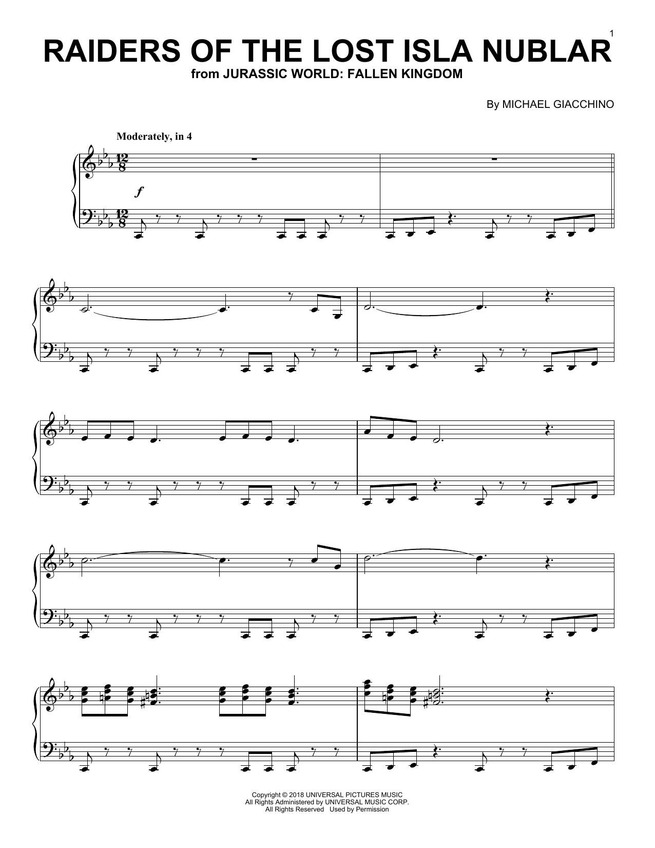 Michael Giacchino Raiders Of The Lost Isla Nublar (from Jurassic World: Fallen Kingdom) sheet music, chords, lyrics - Printable PDF for Piano