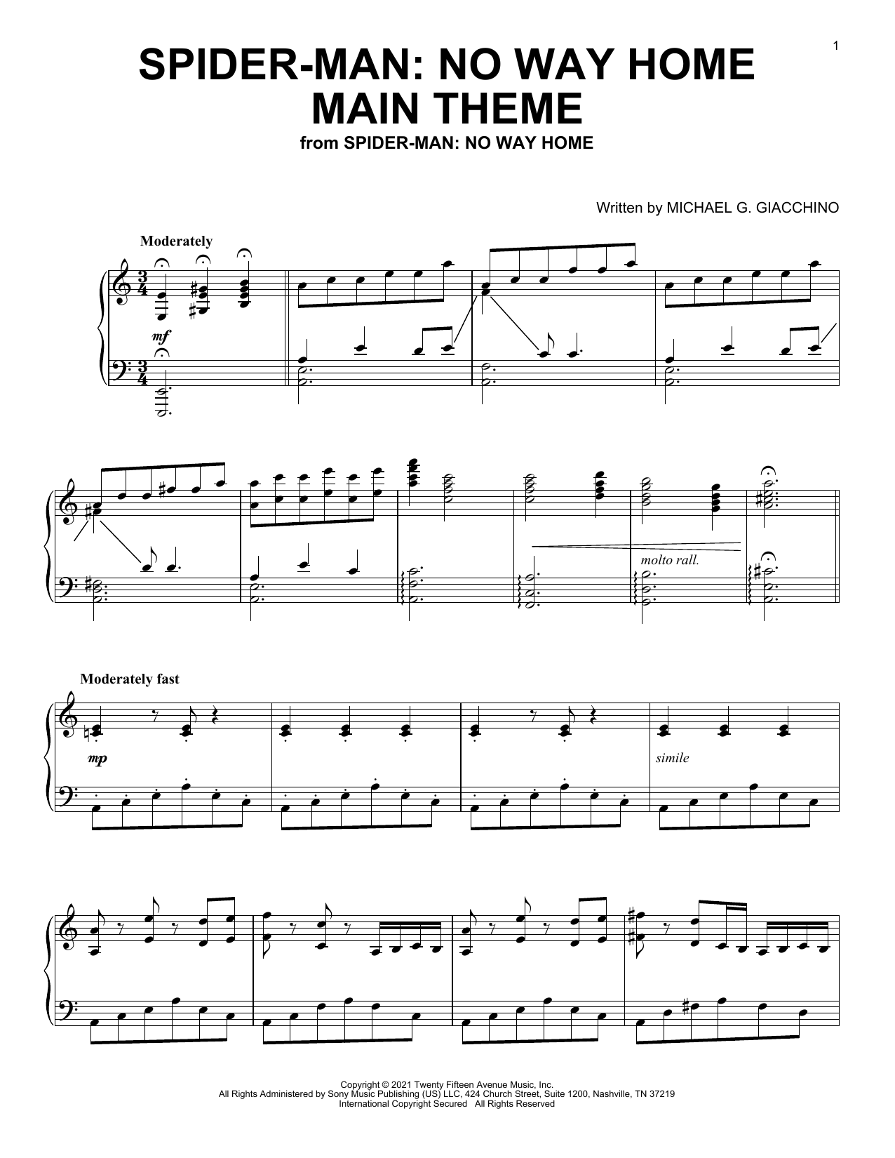 Michael Giacchino Spider-Man: No Way Home Main Theme (from Spider-Man: No Way Home) sheet music, chords, lyrics - Printable PDF for Piano Solo