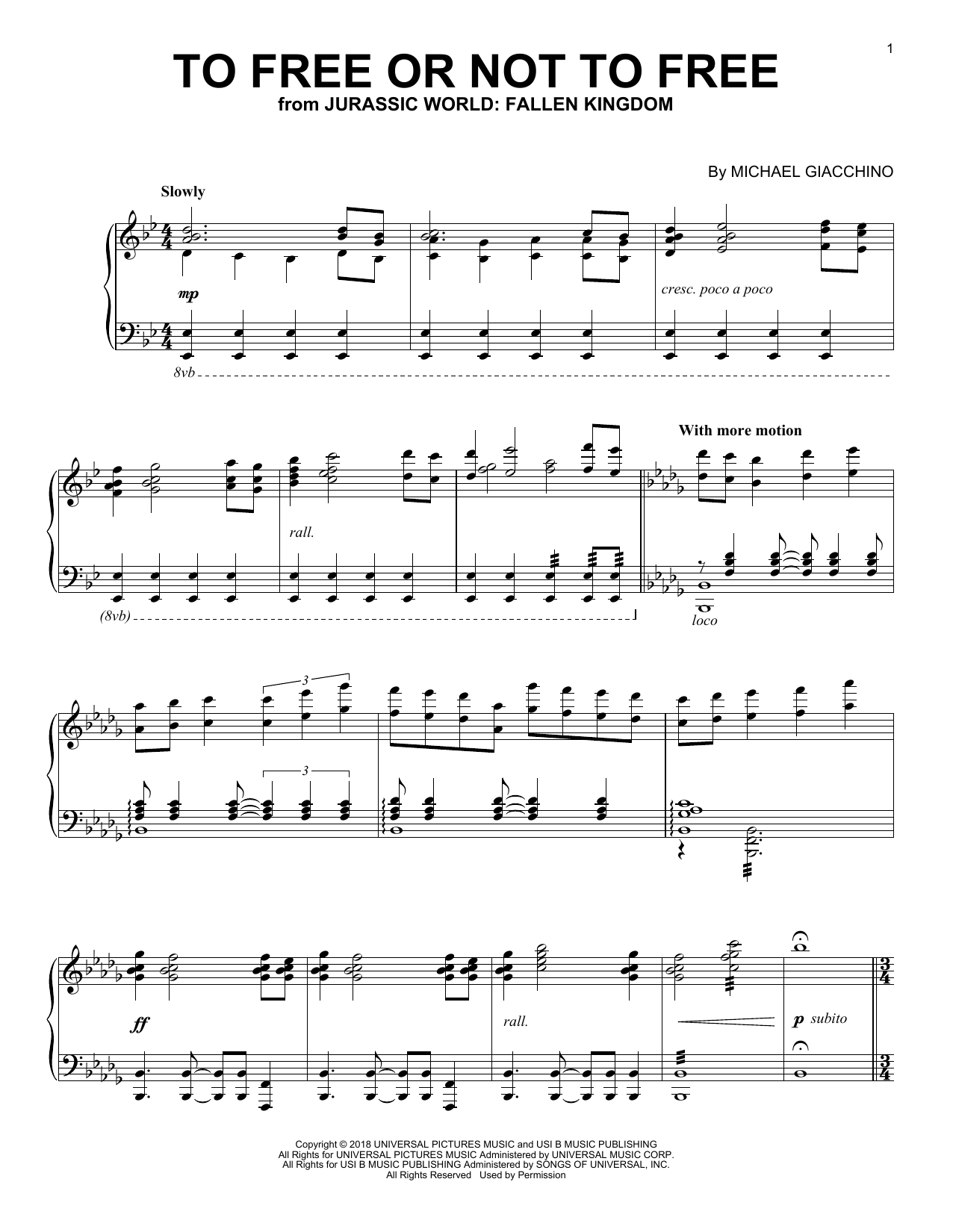 Michael Giacchino To Free Or Not To Free (from Jurassic World: Fallen Kingdom) sheet music, chords, lyrics - Printable PDF for Piano