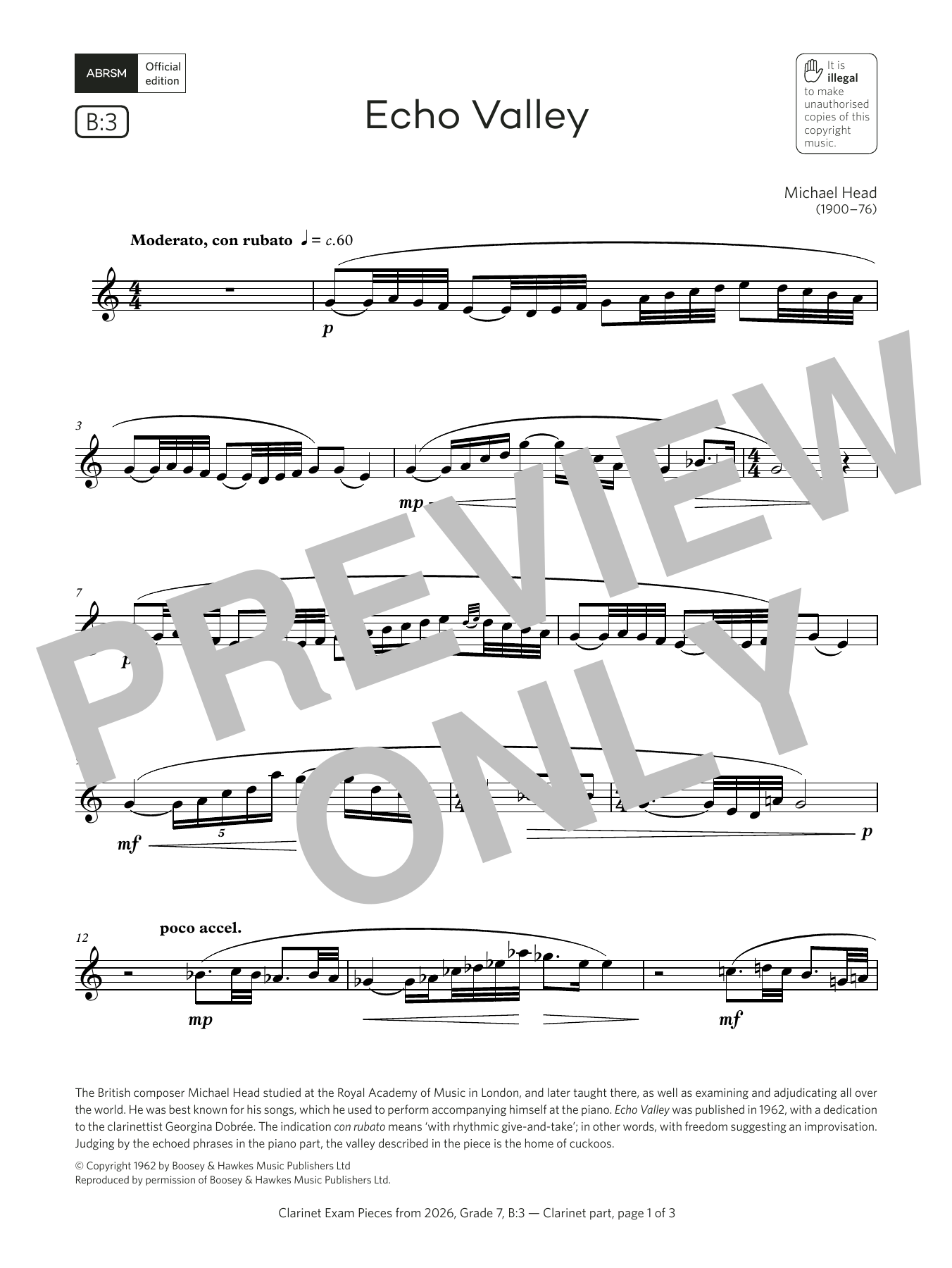 Michael Head Echo Valley (Grade 7, list B3, from the ABRSM Clarinet Syllabus from 2026) sheet music, chords, lyrics - Printable PDF for Clarinet Solo