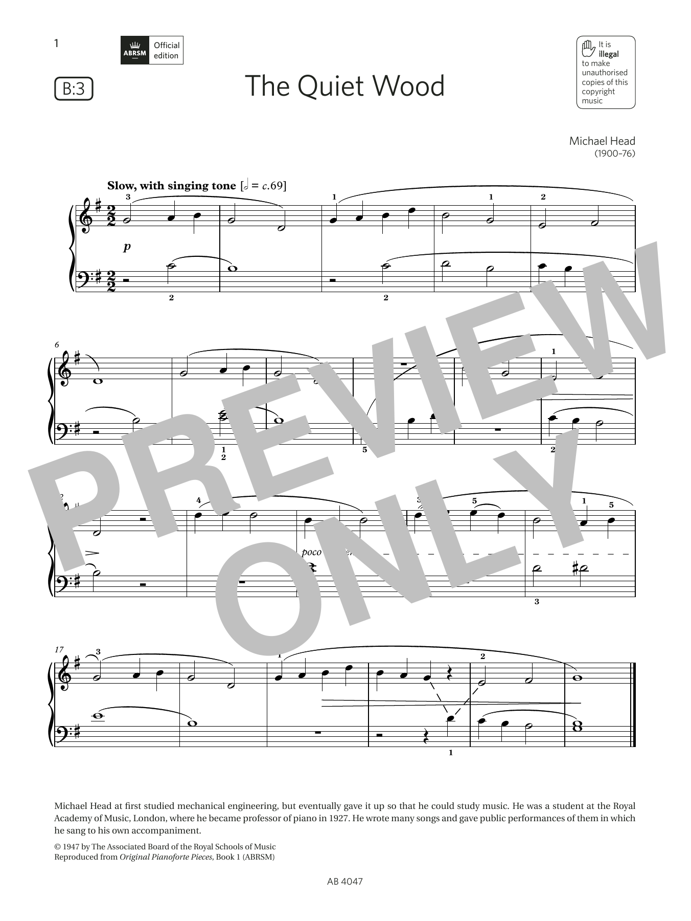 Michael Head The Quiet Wood (Grade 1, list B3, from the ABRSM Piano Syllabus 2023 & 2024) sheet music, chords, lyrics - Printable PDF for Piano Solo