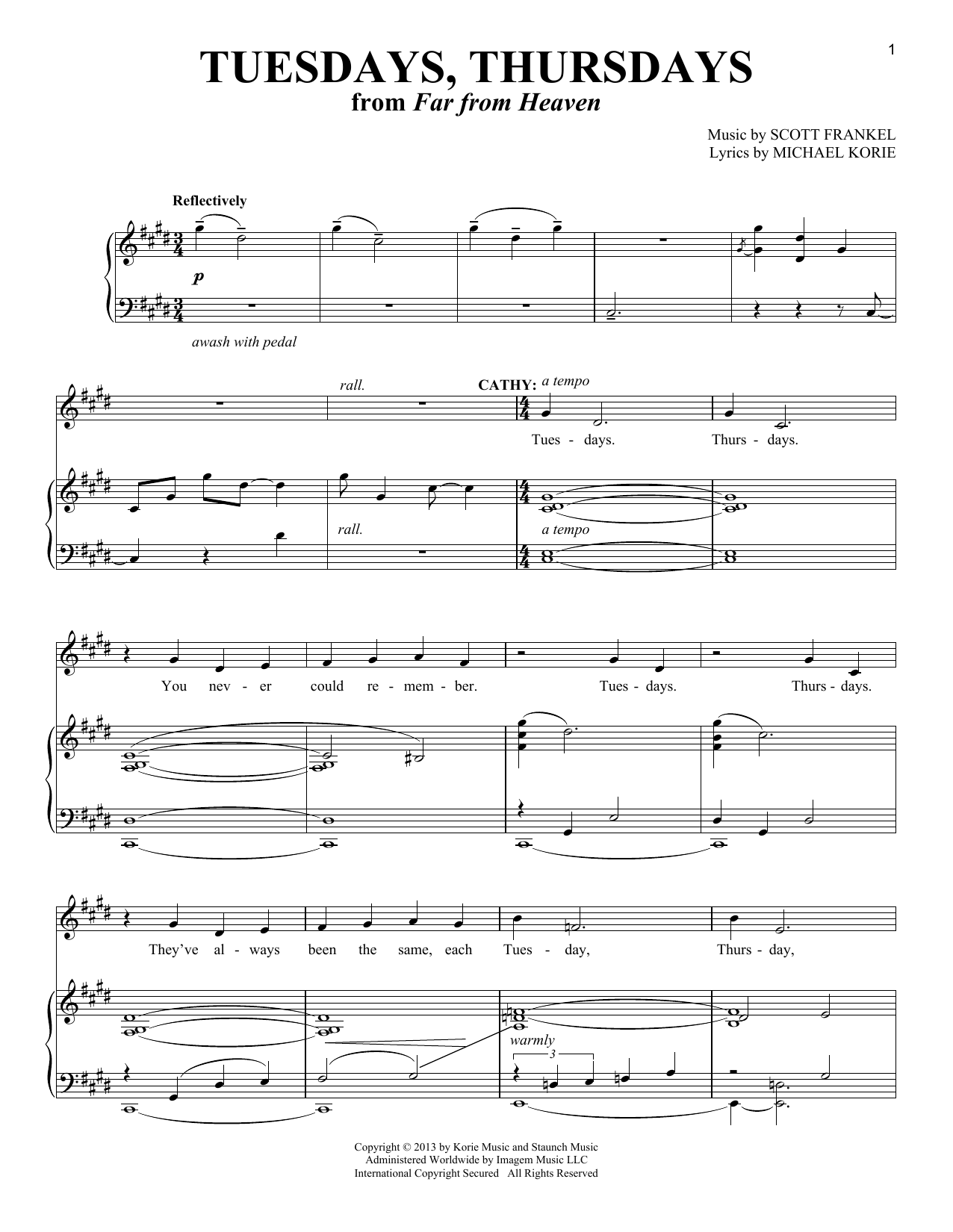 Michael Korie Tuesdays, Thursdays sheet music, chords, lyrics - Printable PDF for Piano & Vocal