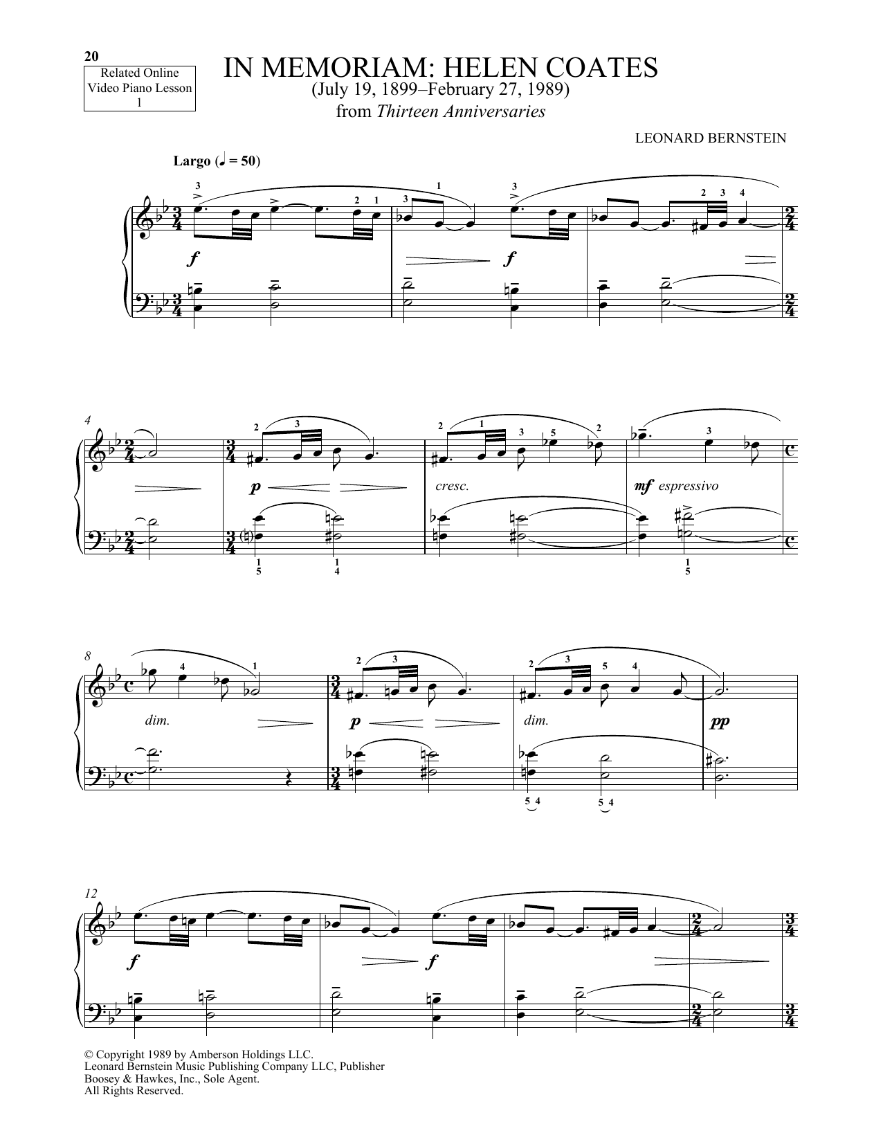 Michael Mizrahi In Memoriam: Helen Coates sheet music, chords, lyrics - Printable PDF for Piano Solo