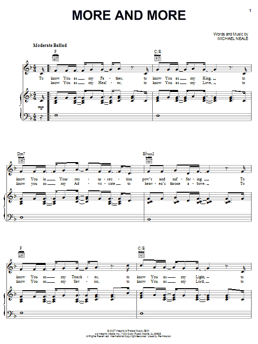 Michael Neale More And More sheet music, chords, lyrics - Printable PDF for Piano, Vocal & Guitar (Right-Hand Melody)