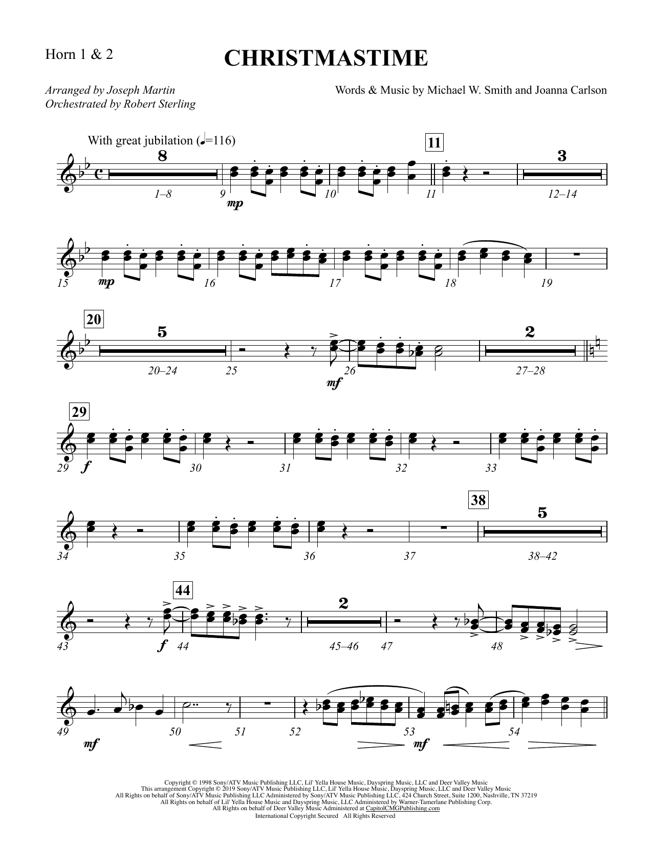 Michael W. Smith & Joanna Carlson Christmastime (arr. Joseph M. Martin) - F Horn 1 & 2 sheet music, chords, lyrics - Printable PDF for Choir Instrumental Pak