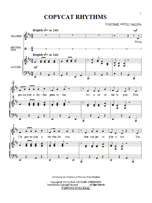 Learn to play Michael & Jill Gallina Copy Cat Rhythms sheet music for Unison Voice in minutes. Michael & Jill Gallina Copy Cat Rhythms sheet music preview music notes and score for Unison Voice including 7 page(s)