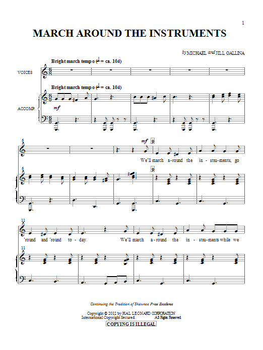 Learn to play Michael & Jill Gallina March Around The Instruments sheet music for Unison Voice in minutes. Michael & Jill Gallina March Around The Instruments sheet music preview music notes and score for Unison Voice including 5 page(s)
