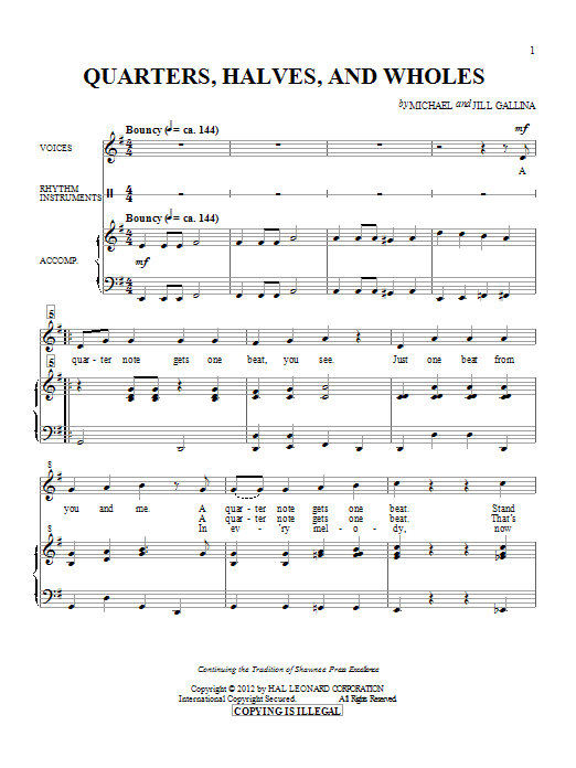 Learn to play Michael & Jill Gallina Quarters, Halves And Wholes sheet music for Choral in minutes. Michael & Jill Gallina Quarters, Halves And Wholes sheet music preview music notes and score for Choral including 6 page(s)