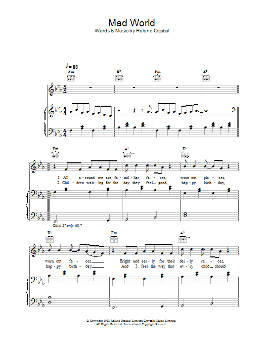 Learn to play Gary Jules & Michael Andrews Mad World (from Donnie Darko) sheet music for Piano, Vocal & Guitar in minutes. Gary Jules & Michael Andrews Mad World (from Donnie Darko) sheet music preview music notes and score for Piano, Vocal & Guitar including 3 page(s)