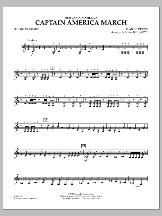 Michael Brown Captain America March - Bb Bass Clarinet sheet music preview music notes and score for Concert Band including 2 page(s)