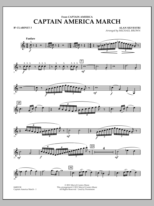 Michael Brown Captain America March - Bb Clarinet 3 sheet music preview music notes and score for Concert Band including 2 page(s)