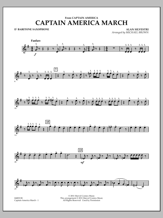 Michael Brown Captain America March - Eb Baritone Saxophone sheet music preview music notes and score for Concert Band including 2 page(s)