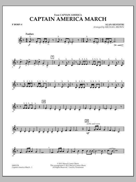 Learn to play Michael Brown Captain America March - F Horn 4 sheet music for Concert Band in minutes. Michael Brown Captain America March - F Horn 4 sheet music preview music notes and score for Concert Band including 2 page(s)