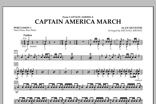 Michael Brown Captain America March - Percussion 1 sheet music preview music notes and score for Concert Band including 1 page(s)