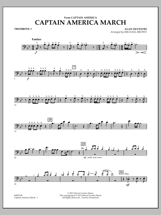 Michael Brown Captain America March - Trombone 3 sheet music preview music notes and score for Concert Band including 2 page(s)