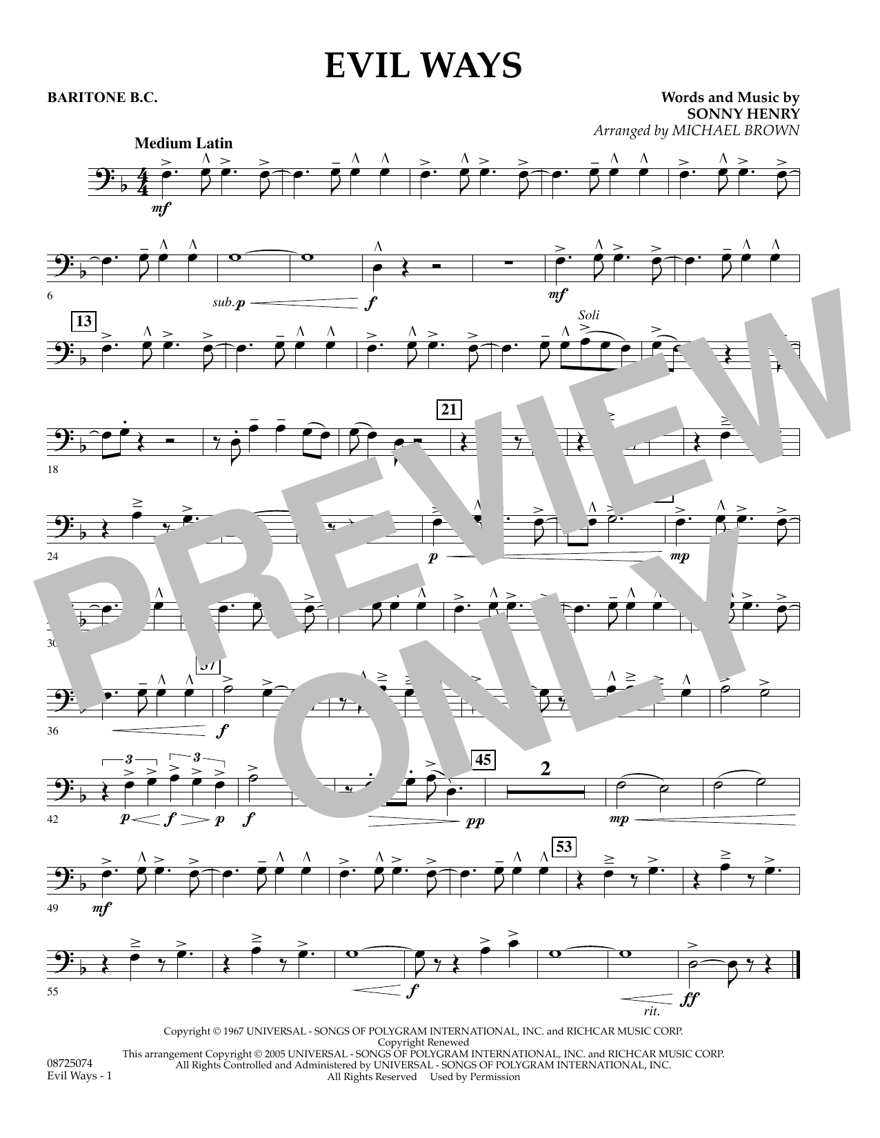 Learn to play Michael Brown Evil Ways - Baritone B.C. sheet music for Concert Band in minutes. Michael Brown Evil Ways - Baritone B.C. sheet music preview music notes and score for Concert Band including 1 page(s)
