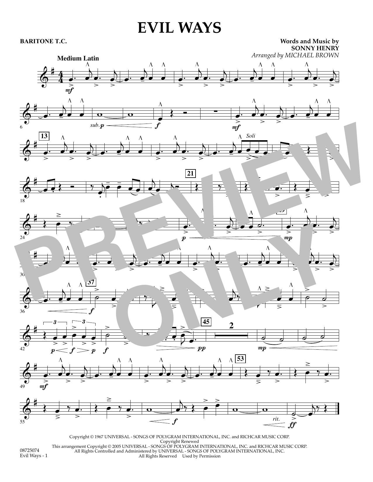 Learn to play Michael Brown Evil Ways - Baritone T.C. sheet music for Concert Band in minutes. Michael Brown Evil Ways - Baritone T.C. sheet music preview music notes and score for Concert Band including 1 page(s)