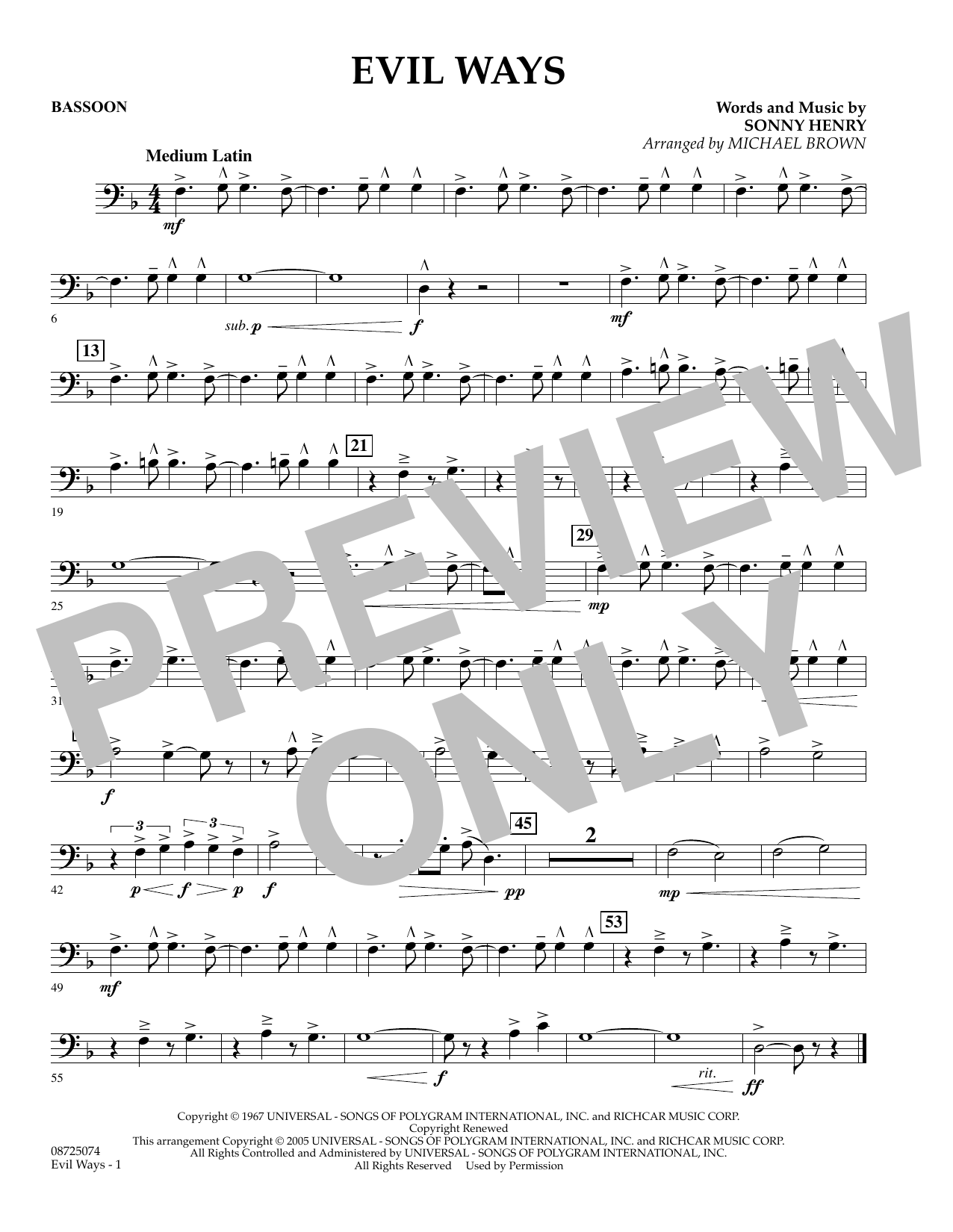 Learn to play Michael Brown Evil Ways - Bassoon sheet music for Concert Band in minutes. Michael Brown Evil Ways - Bassoon sheet music preview music notes and score for Concert Band including 1 page(s)