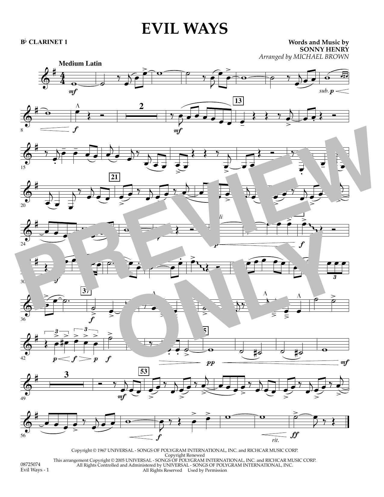 Learn to play Michael Brown Evil Ways - Bb Clarinet 1 sheet music for Concert Band in minutes. Michael Brown Evil Ways - Bb Clarinet 1 sheet music preview music notes and score for Concert Band including 1 page(s)