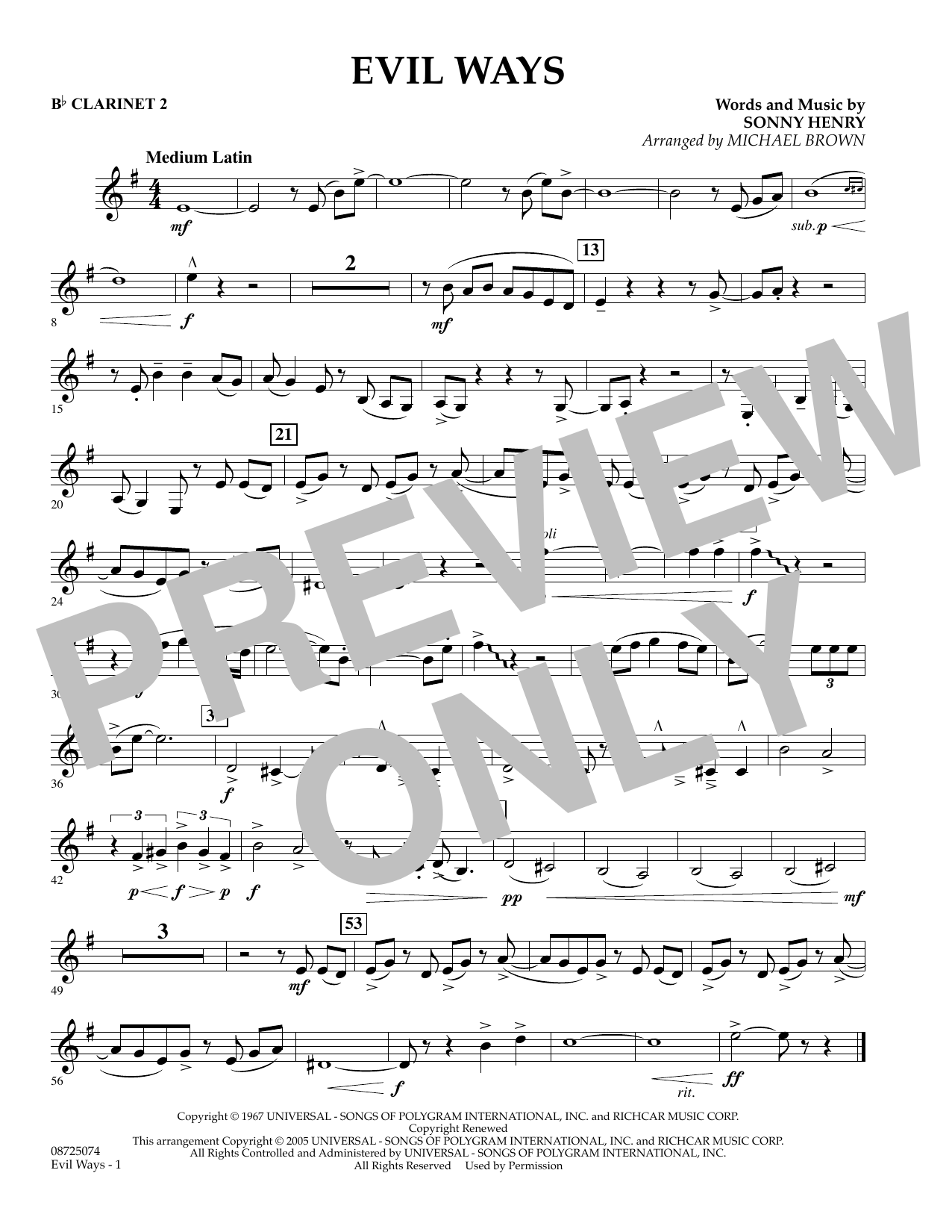 Learn to play Michael Brown Evil Ways - Bb Clarinet 2 sheet music for Concert Band in minutes. Michael Brown Evil Ways - Bb Clarinet 2 sheet music preview music notes and score for Concert Band including 1 page(s)