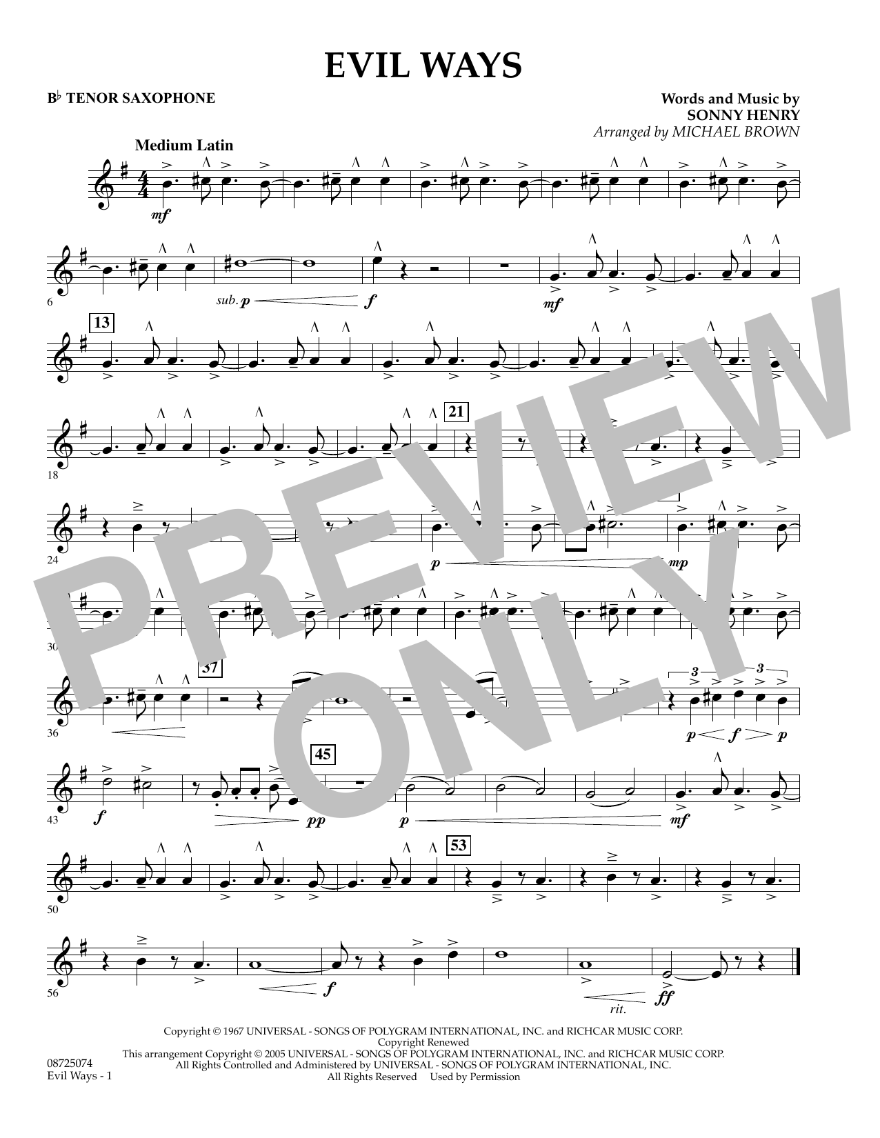 Learn to play Michael Brown Evil Ways - Bb Tenor Saxophone sheet music for Concert Band in minutes. Michael Brown Evil Ways - Bb Tenor Saxophone sheet music preview music notes and score for Concert Band including 1 page(s)