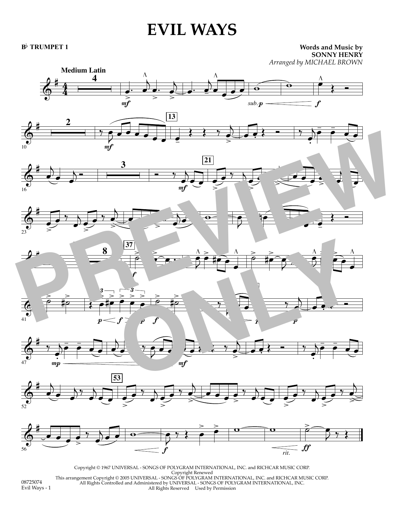 Learn to play Michael Brown Evil Ways - Bb Trumpet 1 sheet music for Concert Band in minutes. Michael Brown Evil Ways - Bb Trumpet 1 sheet music preview music notes and score for Concert Band including 1 page(s)