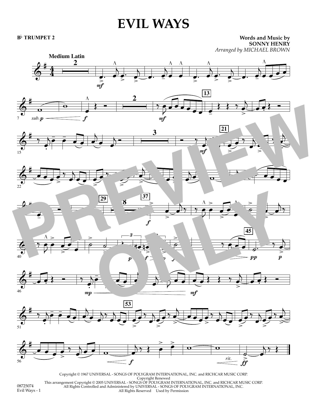 Learn to play Michael Brown Evil Ways - Bb Trumpet 2 sheet music for Concert Band in minutes. Michael Brown Evil Ways - Bb Trumpet 2 sheet music preview music notes and score for Concert Band including 1 page(s)